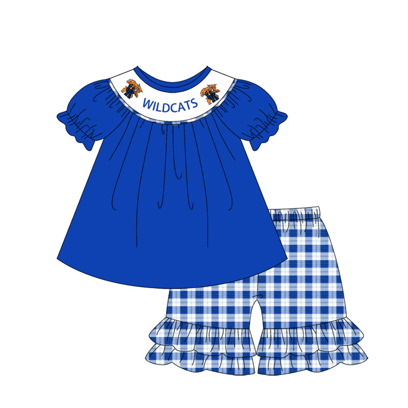 Baby Girl Short Sleeves Tiger Team Blue Tops Checked Shorts Clothes Set (Moq 5 )