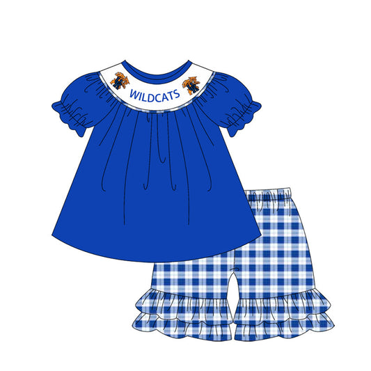 Baby Girl Short Sleeves Tiger Team Blue Tops Checked Shorts Clothes Set (Moq 5 )