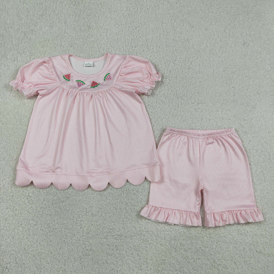 Baby Girls Kids Short Sleeves Embroidery Watermelon Tunic Pink Plaid Shorts Set RTS