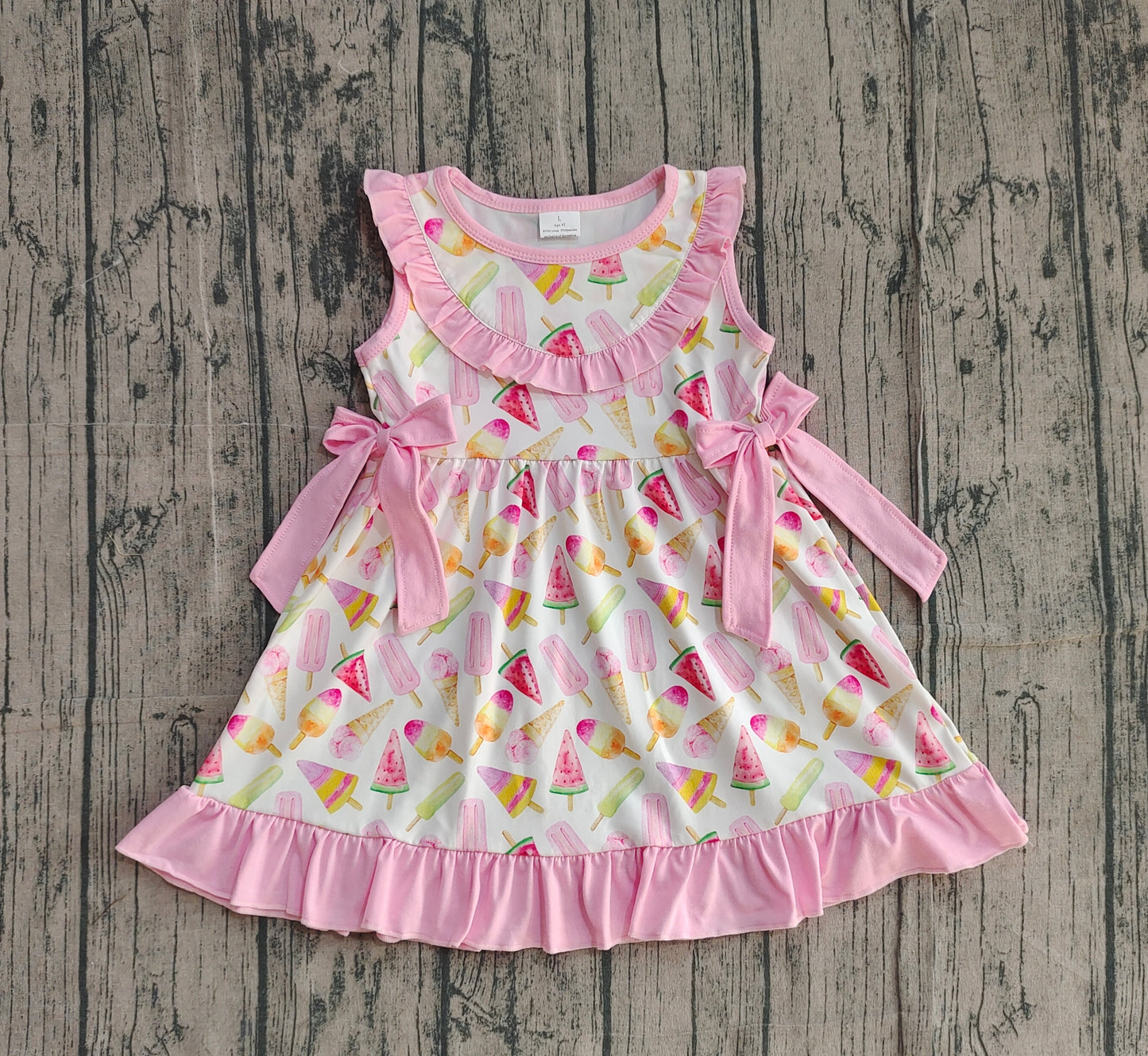 Baby Girls Sleeveless Popsicles Pink Bows Summer Knee Length Dress RTS