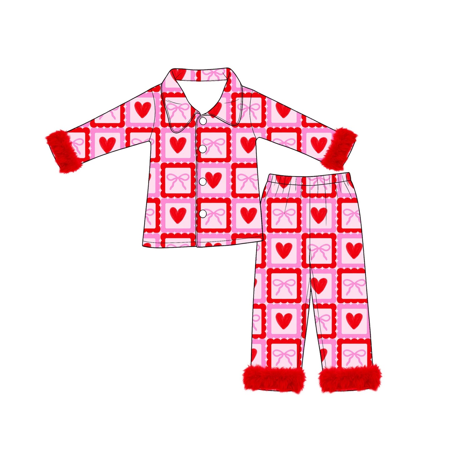 ( Moq 5 ) Preorder Baby Girls Kids Valentine Hearts Bows Fur Buttons Shirt Pants Pajamas Set Clothes