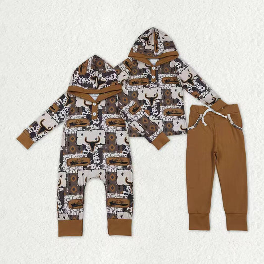 Sibling Baby Boys Kids Long Sleeves Western Aztec Cow Button Hoodie Romper Set Clothes RTS
