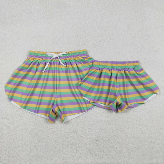 Sibling Baby Girls Adult Women Mardi Gras Stripes Yoga Active Ruffle Shorts Bottom RTS