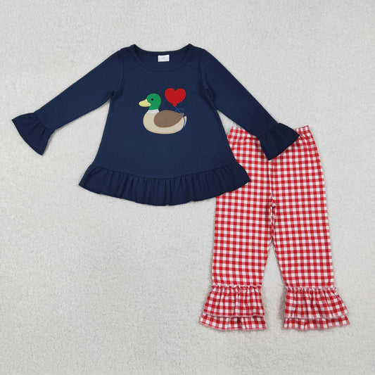 Girls Kids Embroidery Duck Heart Tunic Plaid Pants Valentine's Day Clothes Set RTS