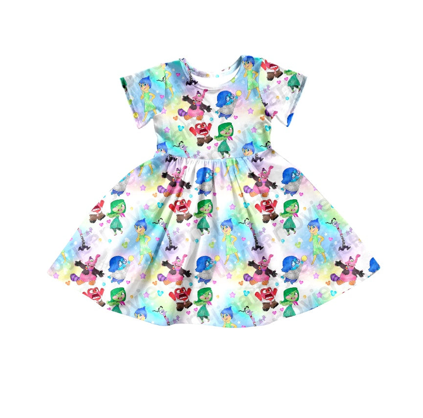 Baby Girl Short Sleeves Tie-dye Cartoon Knee Length Dress