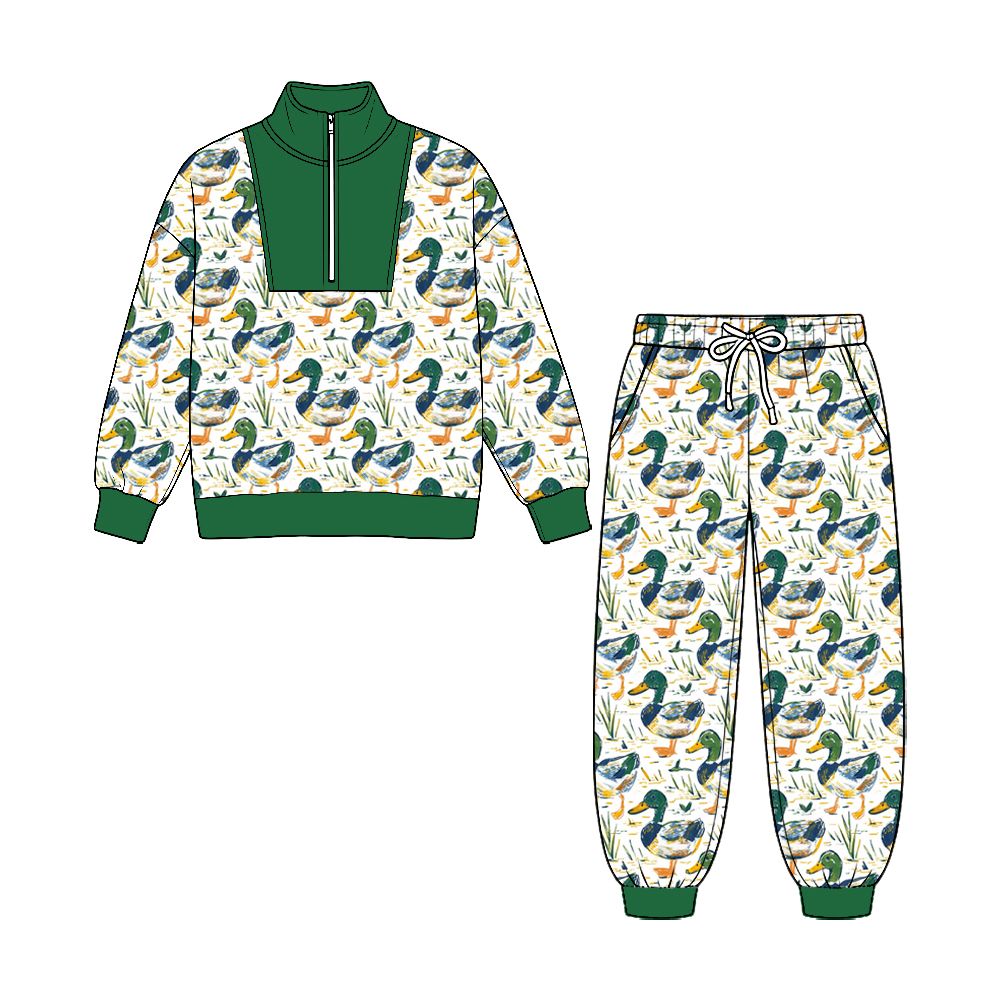 ( No moq ) Preorder Baby Boys Kids Long Sleeves Green Ducks Zipper Pullover Pockets Pants Set Clothes
