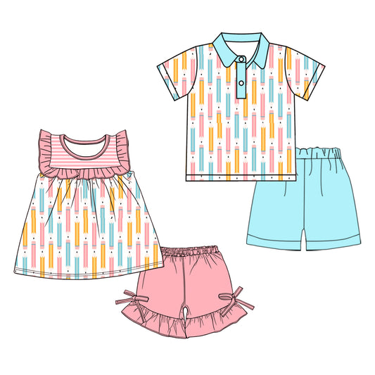 ( Moq 5 Each Style ) Sibling Baby Boys Girls Kids Pencil Shirts Shorts Back to School Sets