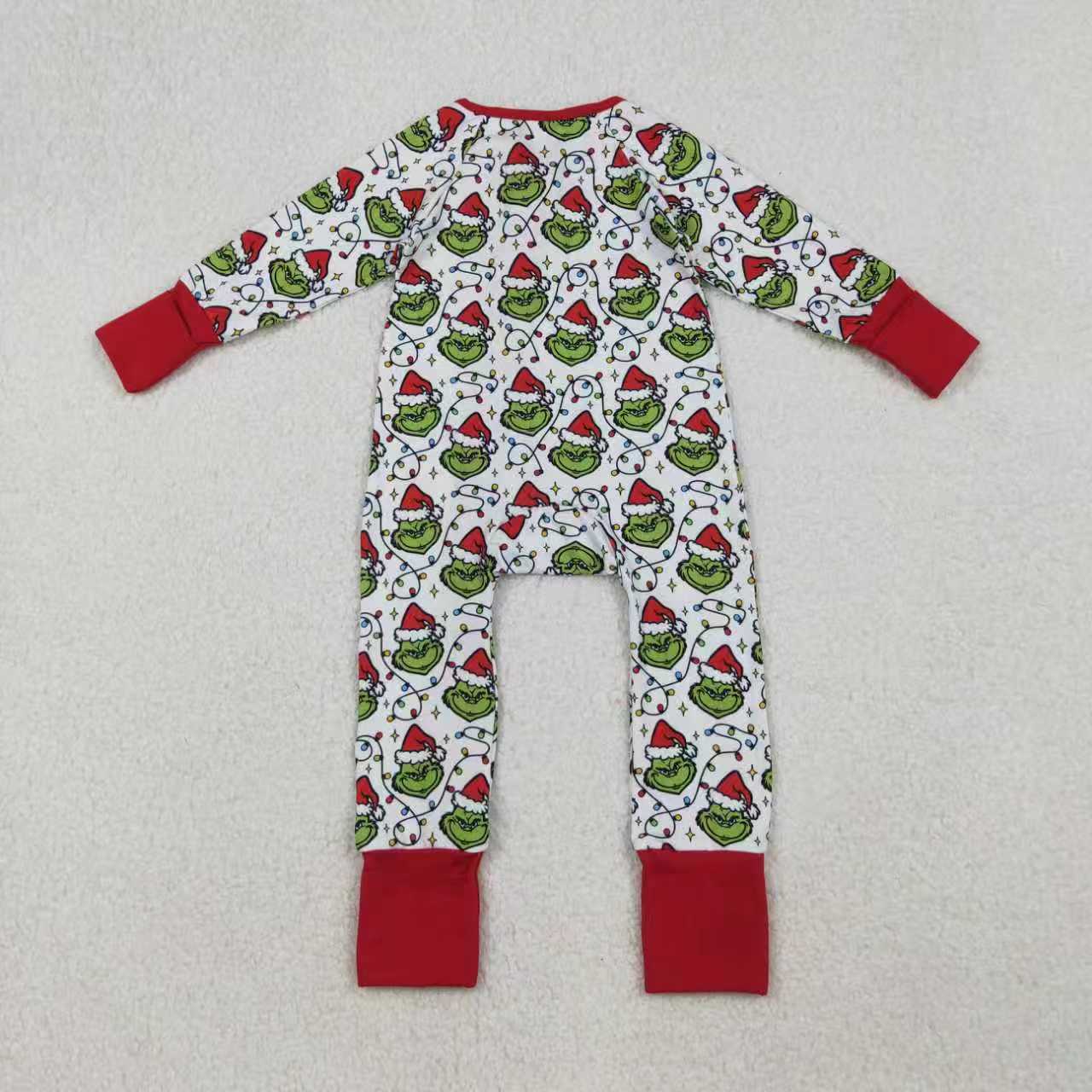 Sibling Boys Kids Long Sleeves Green Faces Lights Christmas Zipper Romper Pajamas Set RTS