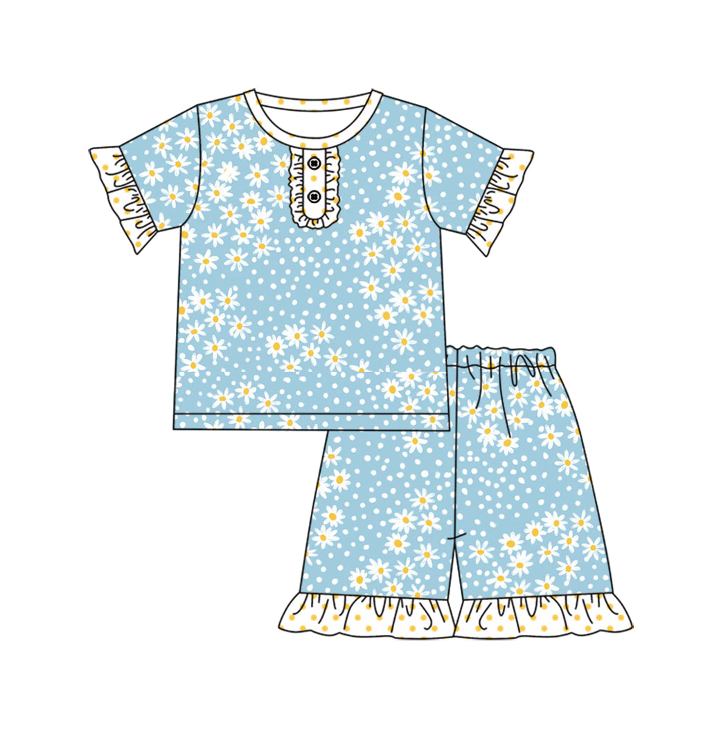 Baby Girl Short Sleeves Shirt Flower Shorts Pajamas Clothes Blue Set Moq 5