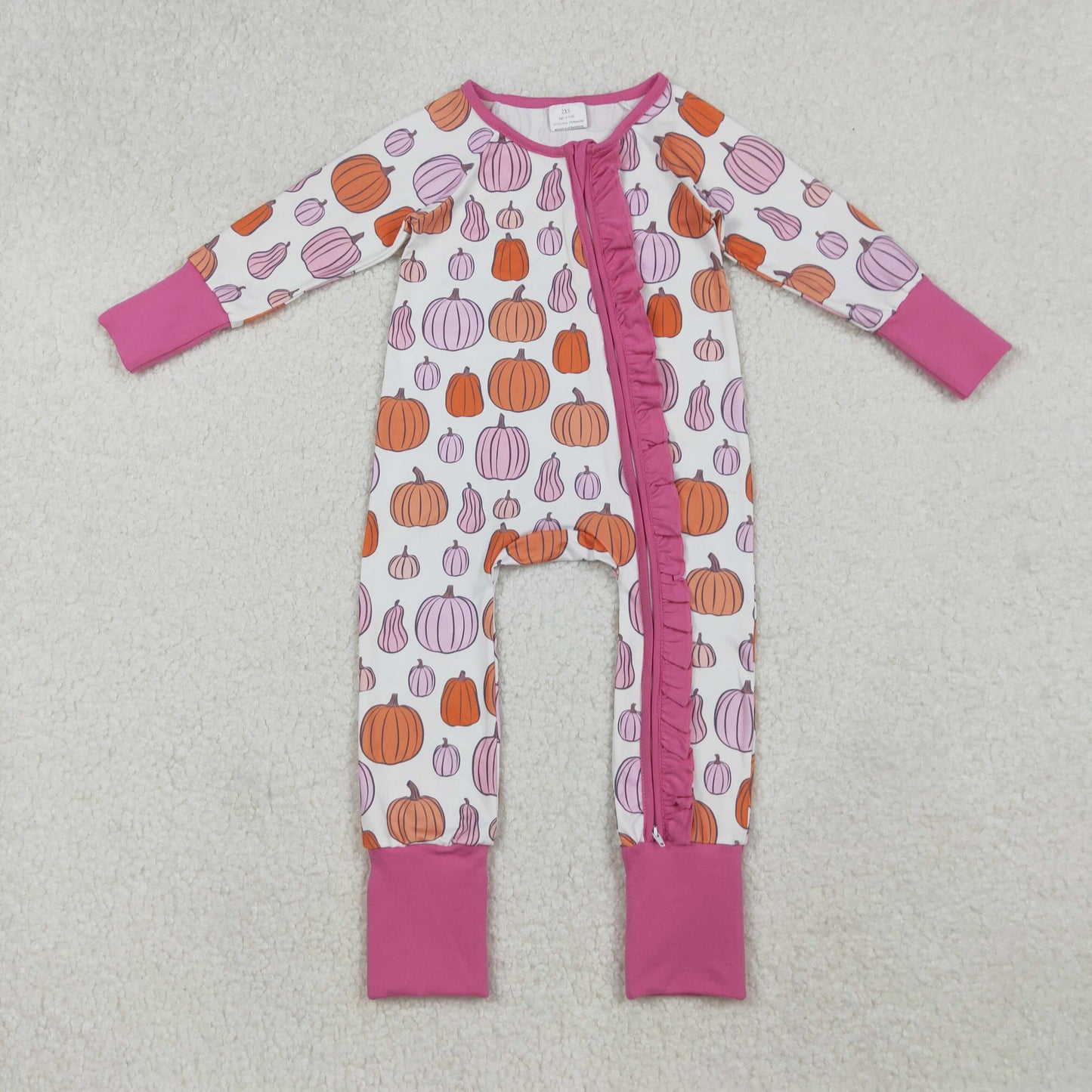 Baby Boy Long Sleeves Pumpkins Fall Pink Ruffle Zipper Pajamas Romper RTS