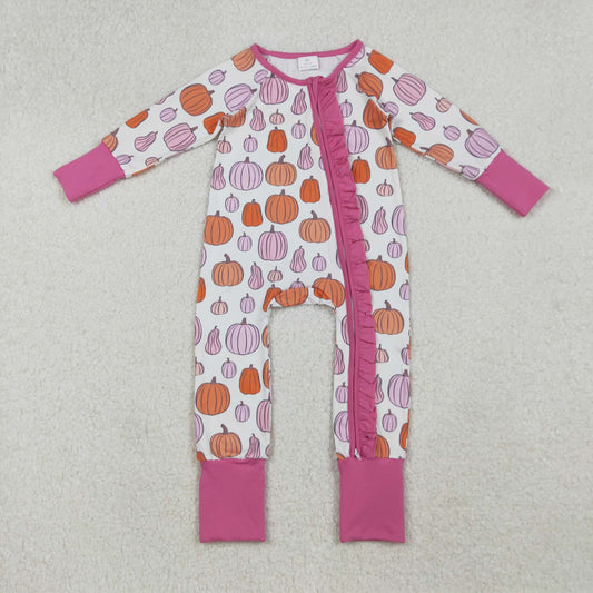 Baby Boy Long Sleeves Pumpkins Fall Pink Ruffle Zipper Pajamas Romper RTS