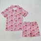 Adult Women Short Sleeves Bows Pocket Buttons Shirt Shorts Pink Pajamas Set