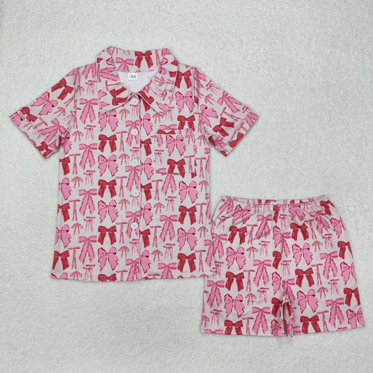 Adult Women Short Sleeves Bows Pocket Buttons Shirt Shorts Pink Pajamas Set