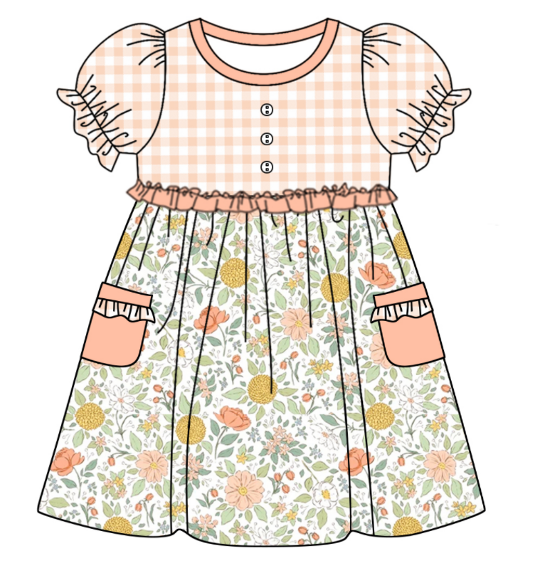 Baby Girl Short Sleeves Flower Plaid Sibling Romper Dress Clothes Set ( Moq 5 Each Design )