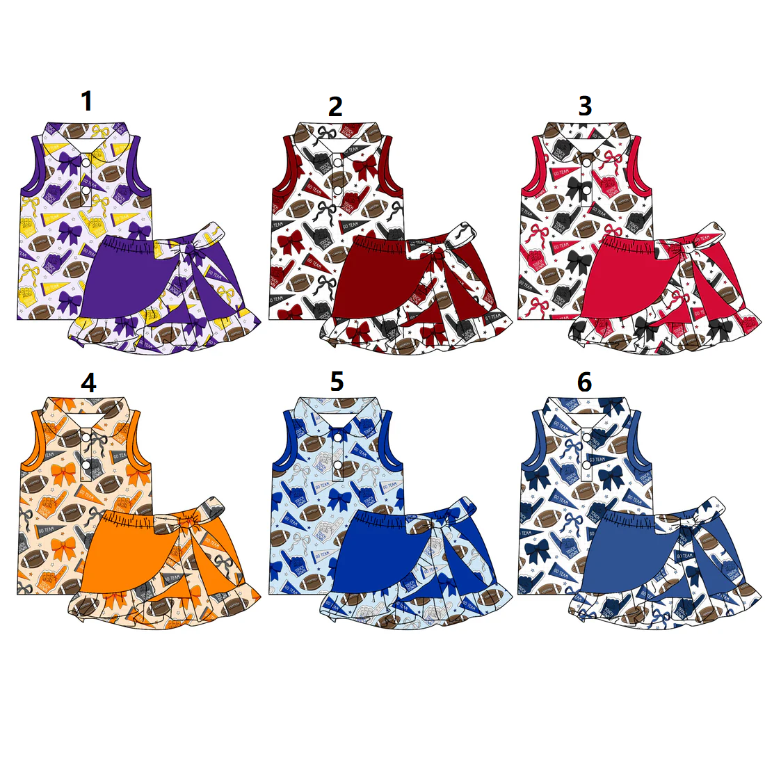 ( Moq 5 Each Style ) Sibling Baby Girls Toddler Sleeveless Buttons Football Bows Cheer Shirts Ruffle Shorts Skirts Team Sets
