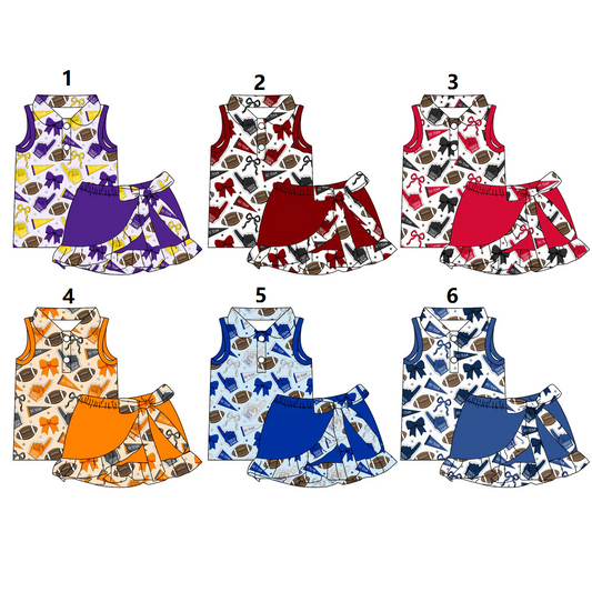 ( Moq 5 Each Style ) Sibling Baby Girls Toddler Sleeveless Buttons Football Bows Cheer Shirts Ruffle Shorts Skirts Team Sets