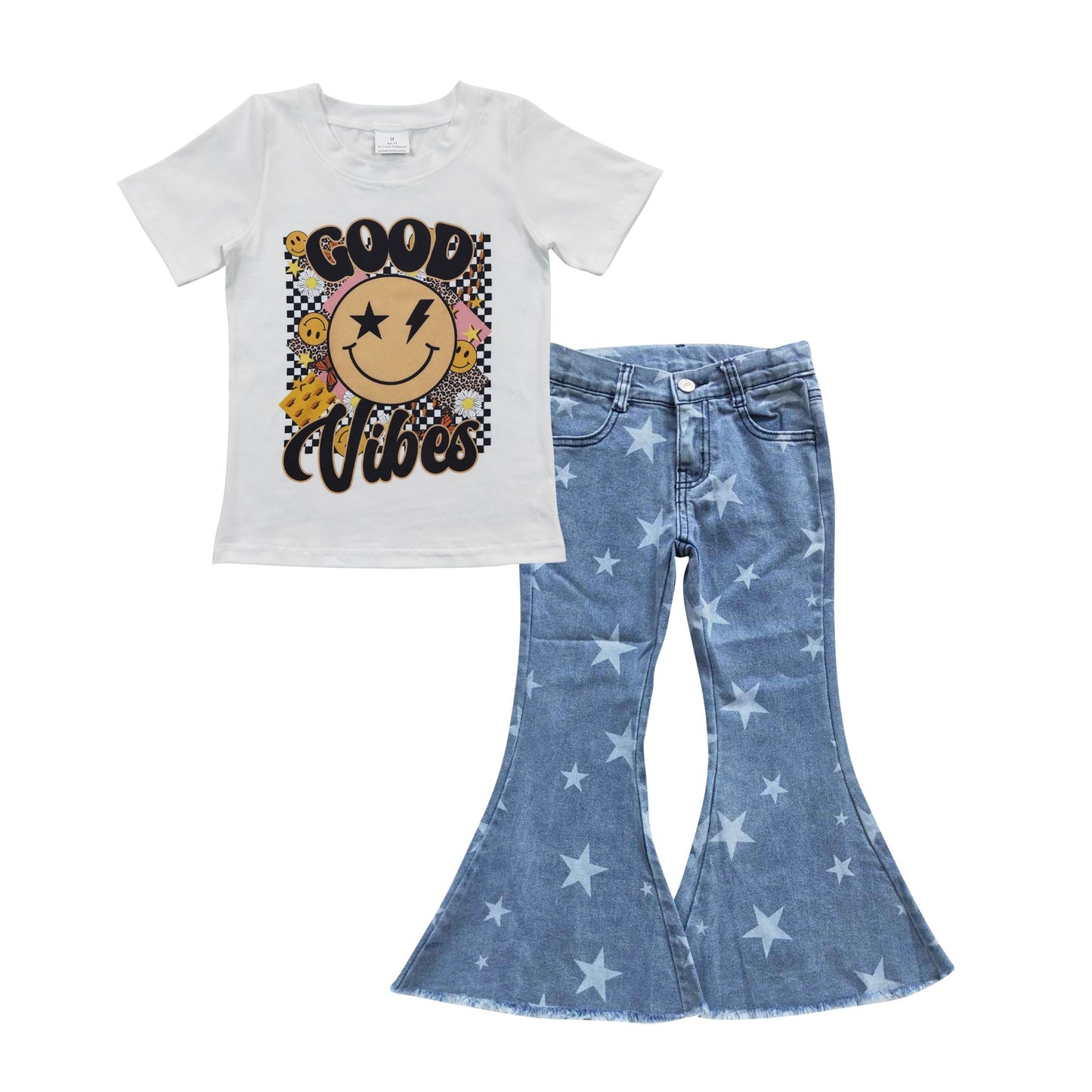 Baby Girl Short Sleeves Smile Shirt Stars Blue Denim Pants Western Outfit