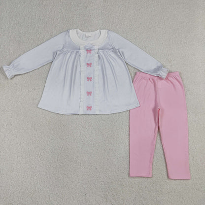 Sibling Baby Girls Kids Long Sleeves Embroidery Bows Stripes Tops Pants Clothes Sets RTS