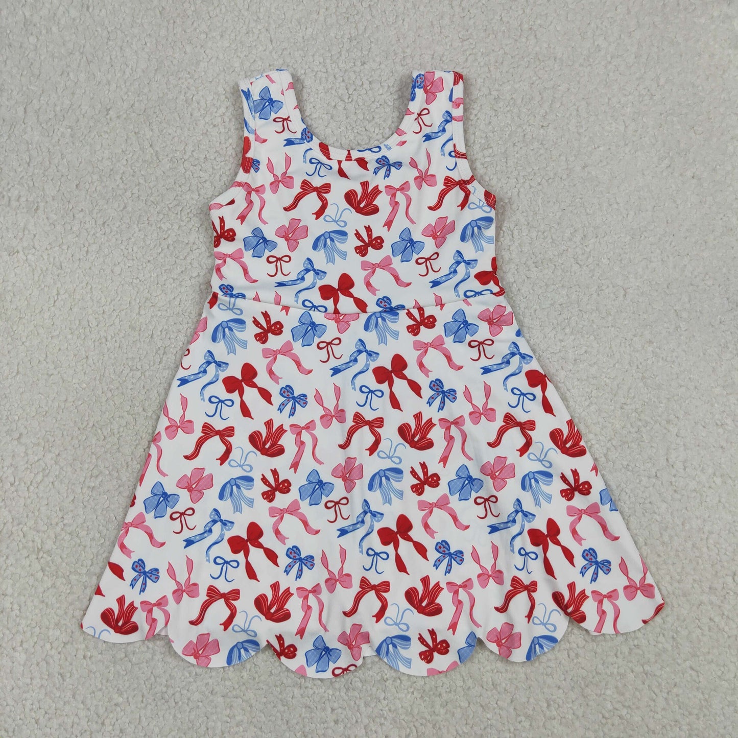 Baby Girls Kids Sleeveless Bows 4th of July Shorts Scallop Knee Length Dress RTS