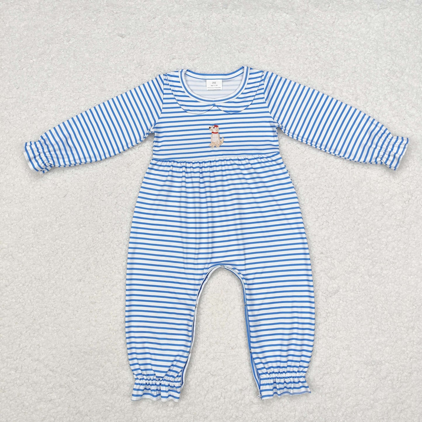 Baby Girl Blue Stripes Embroidery Dog Long Sleeves Romper