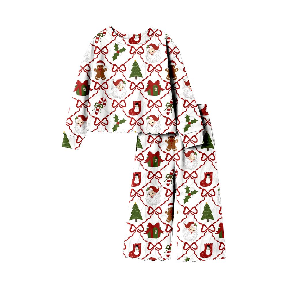 ( Moq 5 ) Preorder Baby Girls Kids Christmas Santa Bows Shirt Scallop Pants Set Clothes