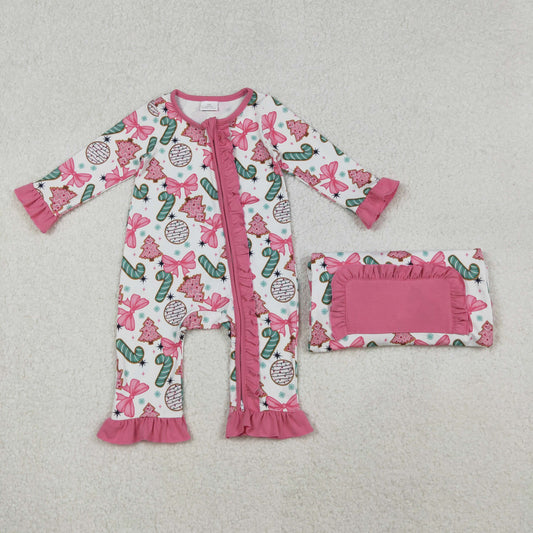 Baby Girl Long Sleeves Candy Cane Pink Bows Tree Christmas Zipper Romper RTS