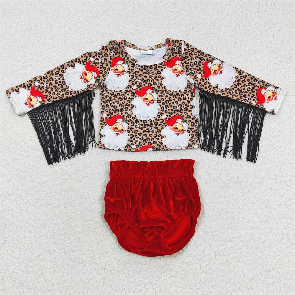 Baby Girl Christmas Santa Leopard Long Sleeves Tassel Red Velvet Bummie Shorts Outfit