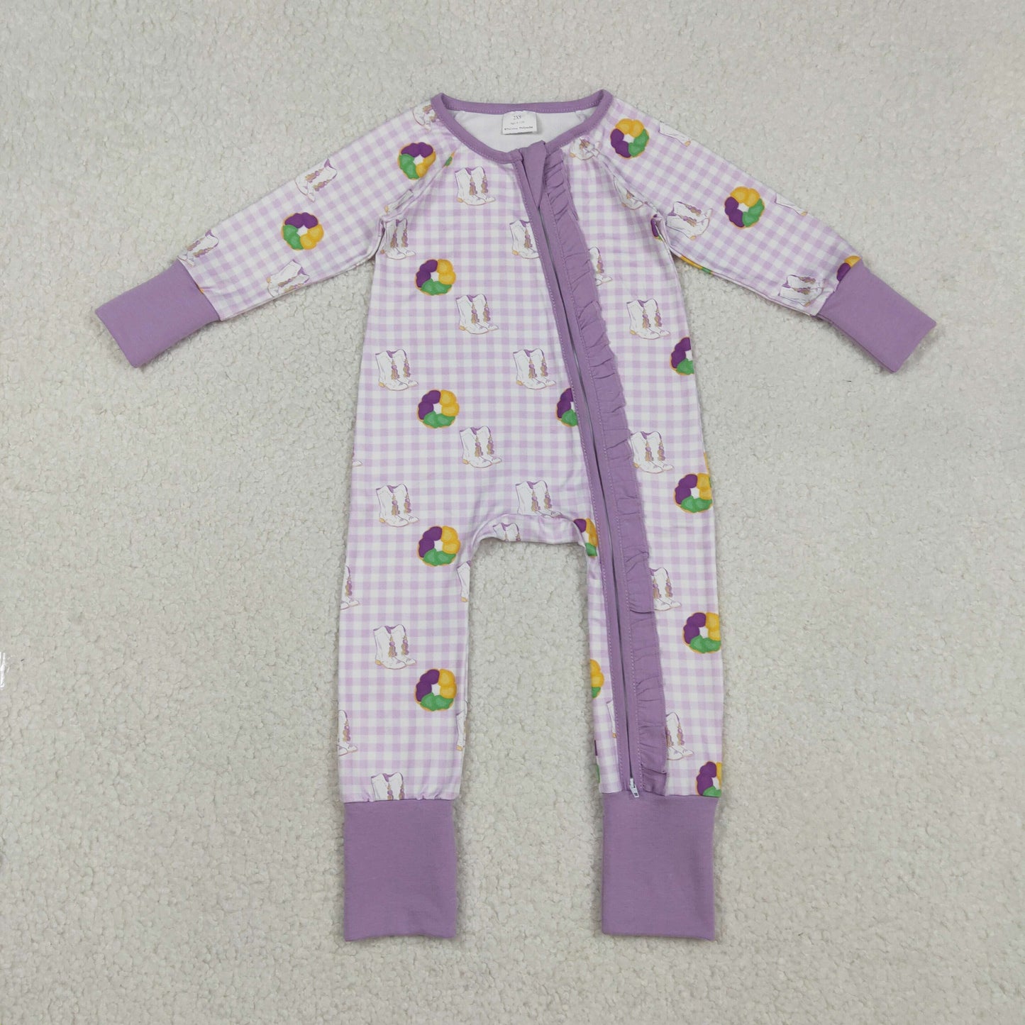 Kids Girls Infant Long Sleeves Donuts Boots Mardi Gras Purple Zipper Romper RTS
