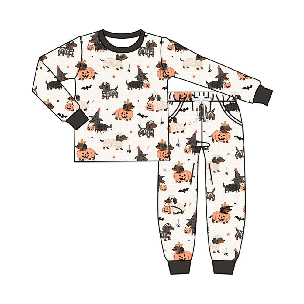 ( Moq 5 ) Preorder Baby Boys Kids Long Sleeves Halloween Shirt Dogs Pumpkins Pockets Pants Set Clothes