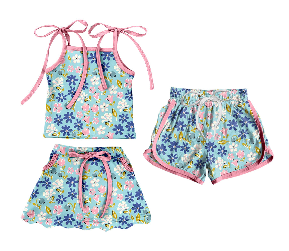 ( Moq 5 Each Style ) Sibling Baby Girls Kids Straps Tops Skort Flower Set Shorts Summer Clothes