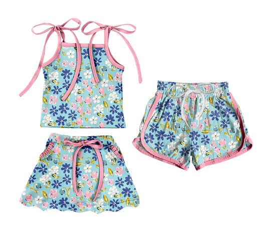 ( Moq 5 Each Style ) Sibling Baby Girls Kids Straps Tops Skort Flower Set Shorts Summer Clothes