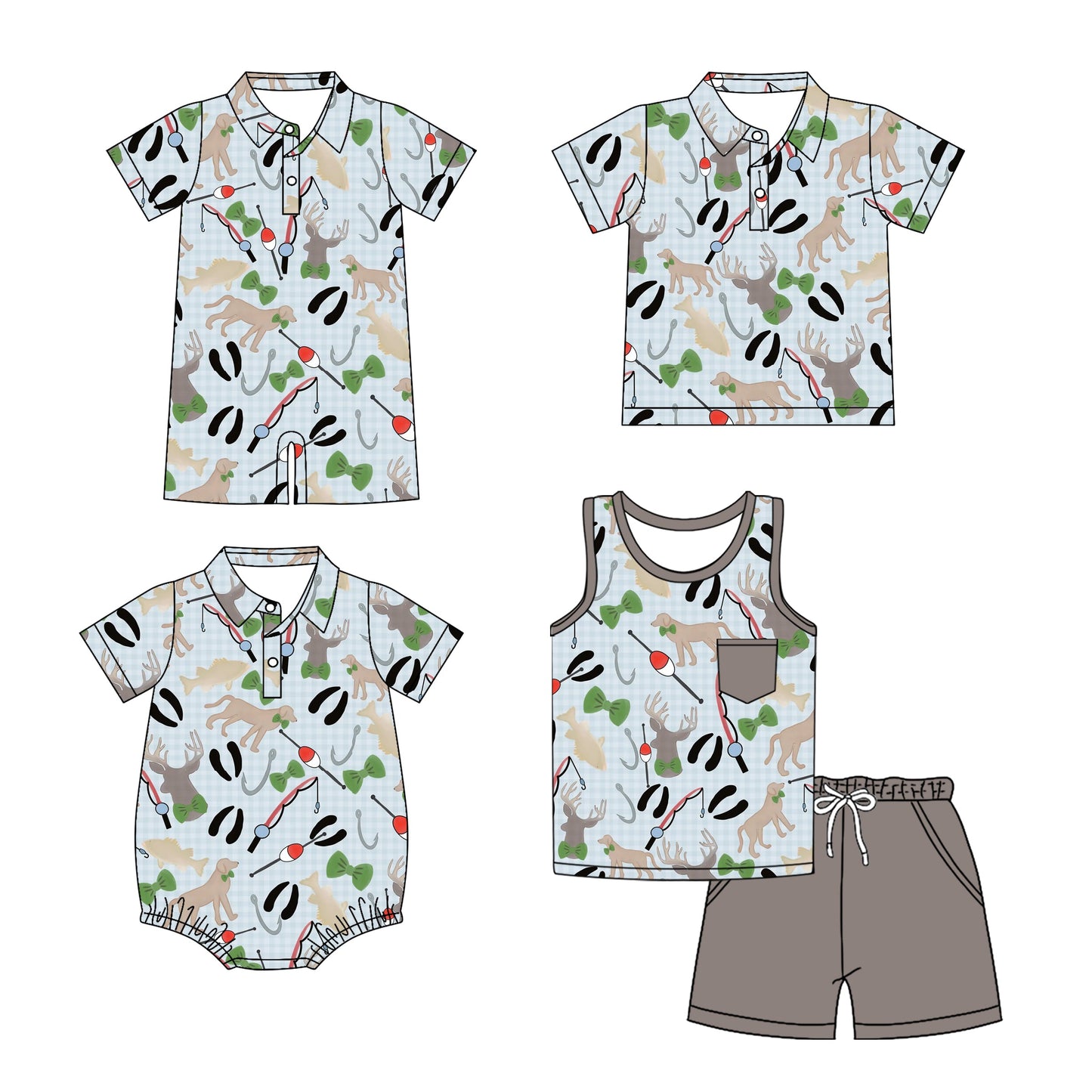 Baby Boy Short Sleeves Fishing Dogs Deer Hunting Sibling Romper Shirt Set ( Moq 5 Each Style ) 3.10