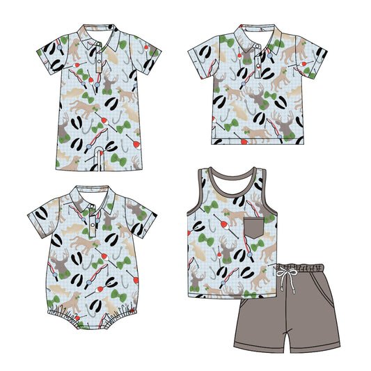 Baby Boy Short Sleeves Fishing Dogs Deer Hunting Sibling Romper Shirt Set ( Moq 5 Each Style ) 3.10
