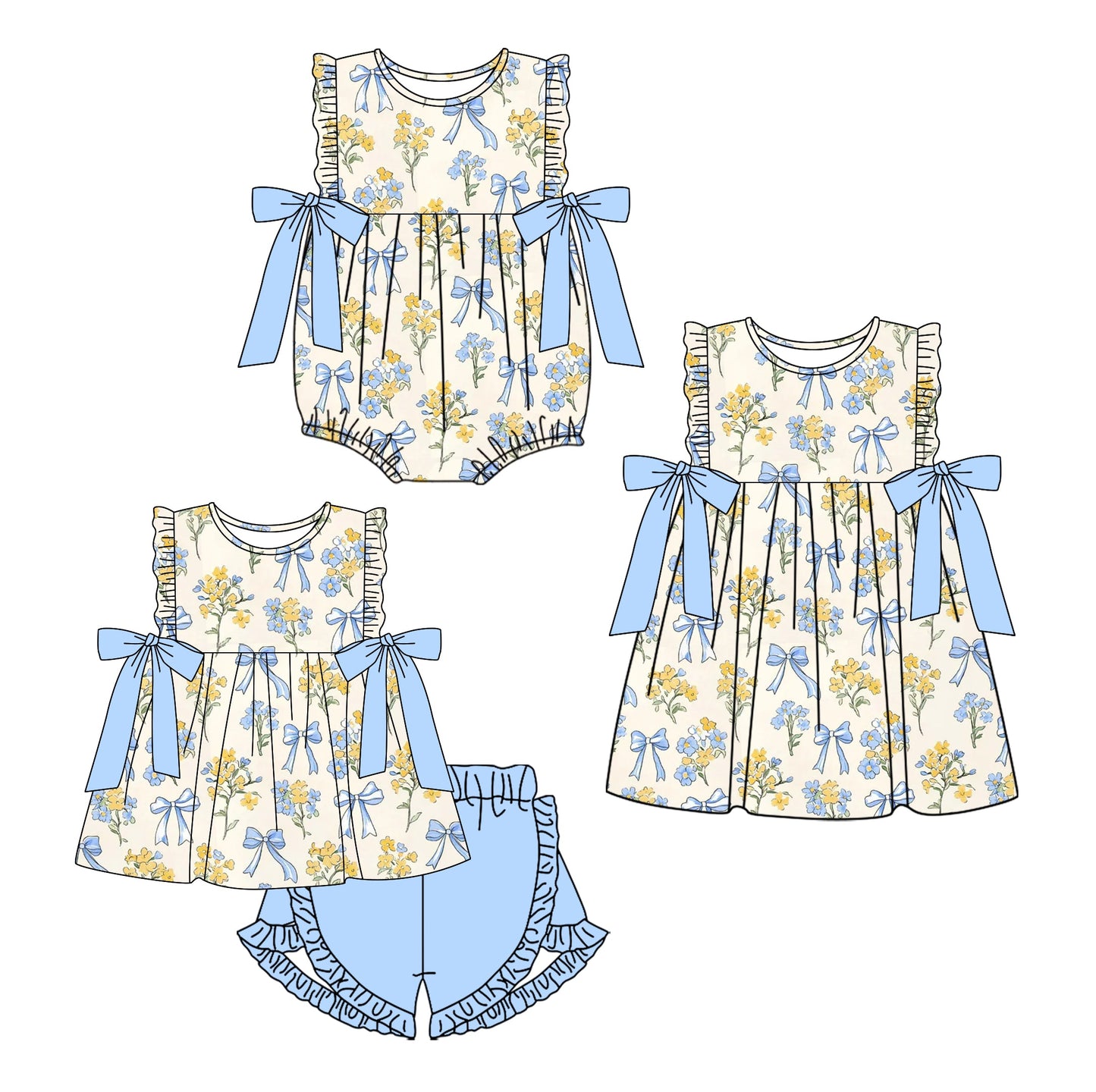 Baby Girl Flower Blue Bows Sibling Romper Dress Set ( Moq 5 Each Style ) 2.14