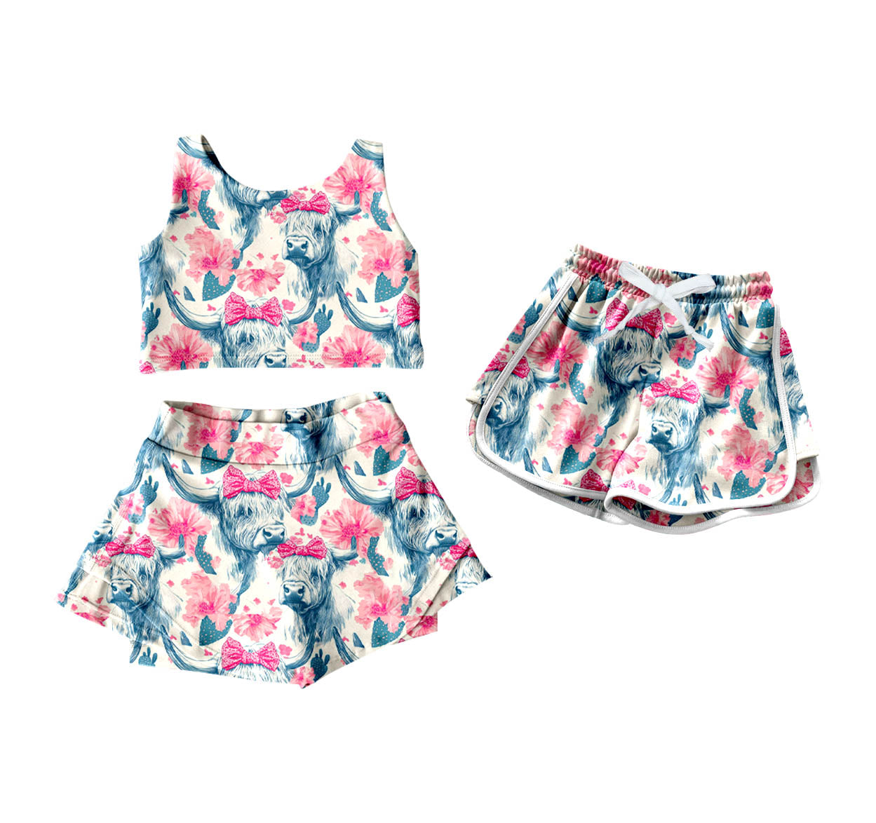 ( Moq 5 Each Style ) Baby Girl Western Cow Bows Flower Sibling Summer Set Shorts 4.21