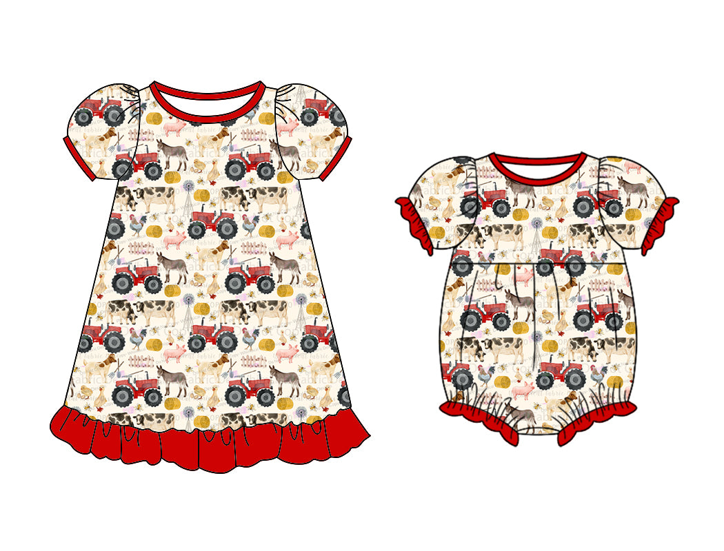 Baby Girl Short Sleeves Farm Animals Sibling Matching Romper Dress ( Moq 5 Each Design )