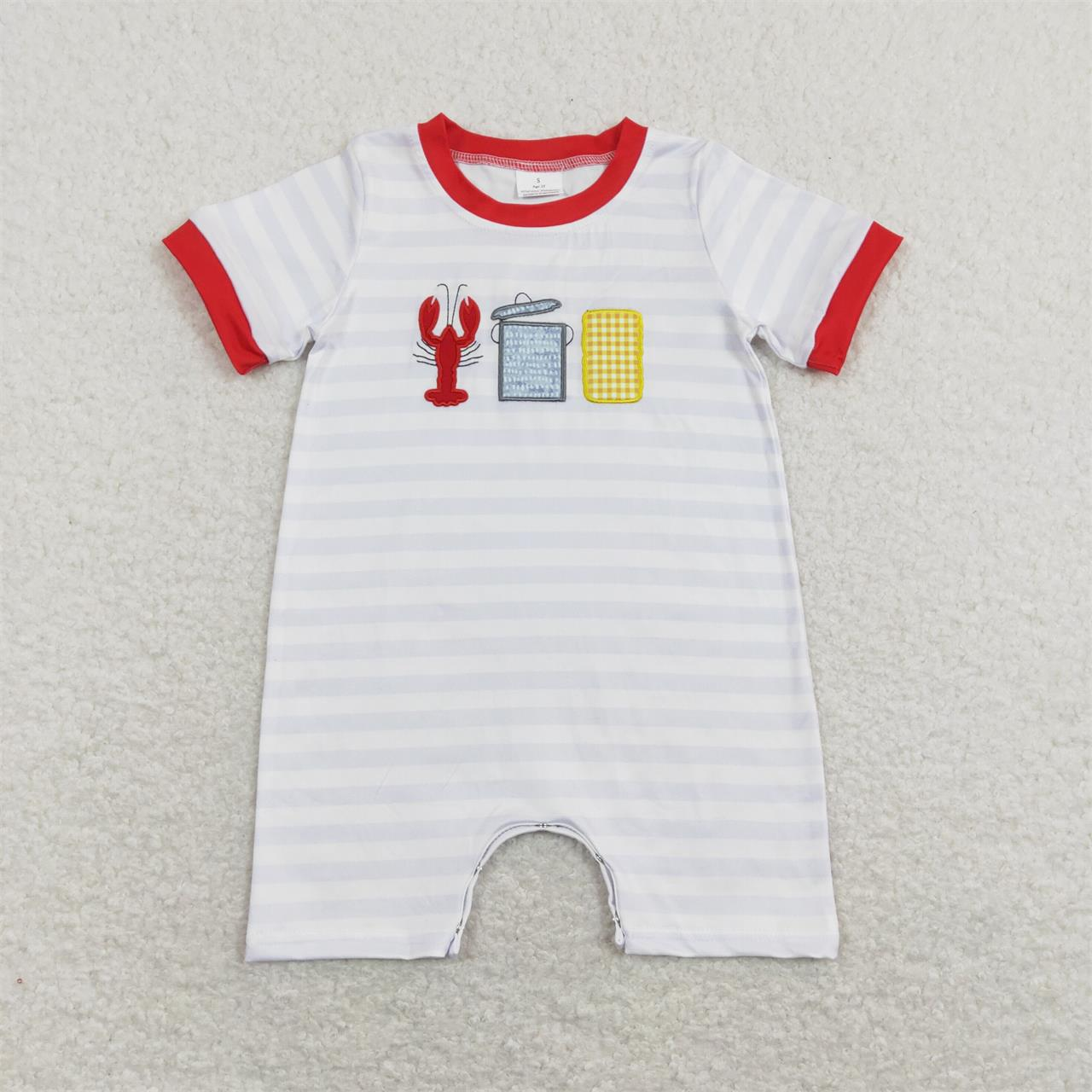 SR0744 Baby Boy Embroidery Crawfish Stripes One Piece Romper