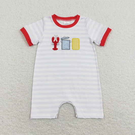 SR0744 Baby Boy Embroidery Crawfish Stripes One Piece Romper