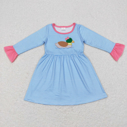 GLD0426 Baby Girl Blue Stripes Long Sleeves Embroidery Duck Hunting Dress