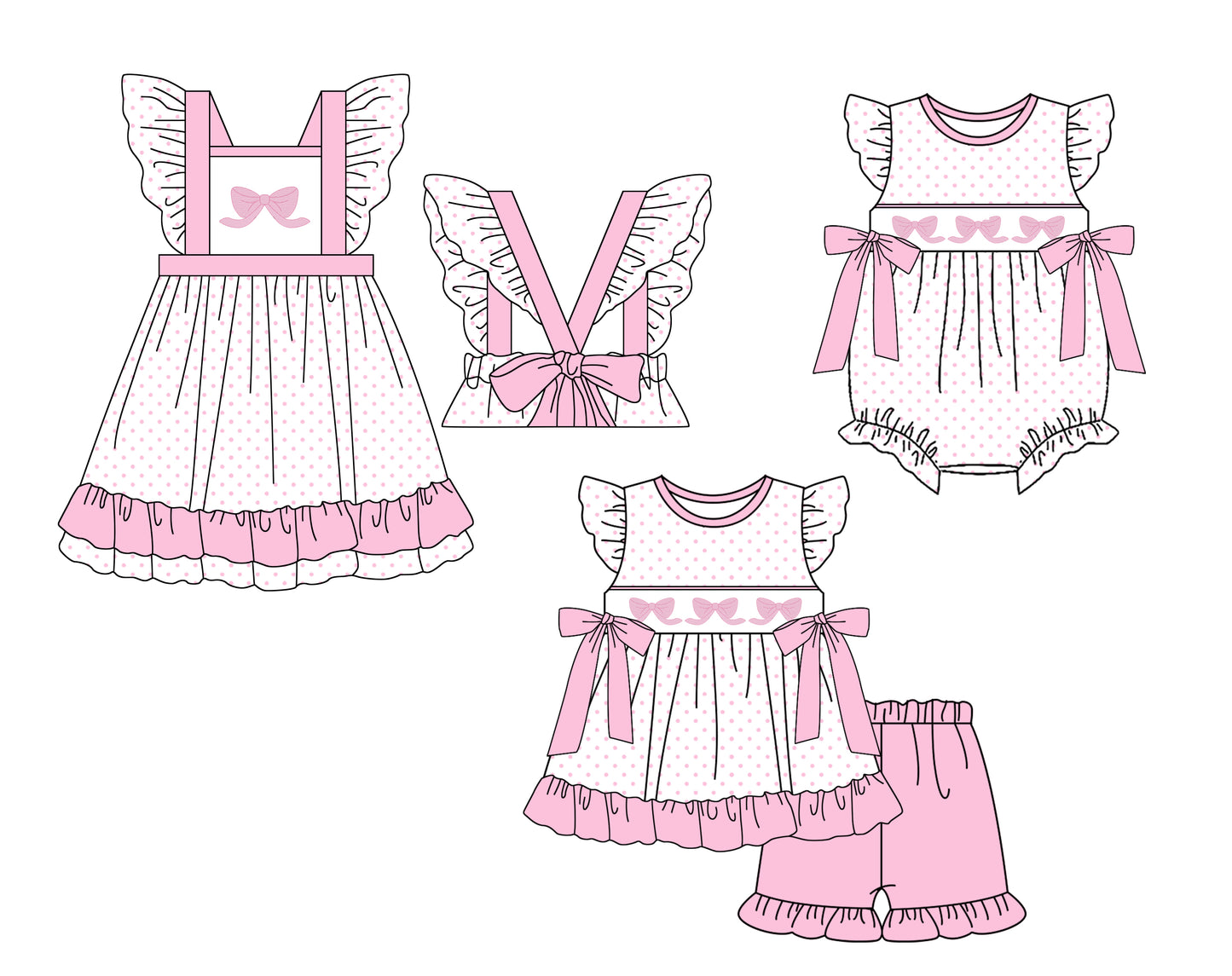 Baby Girl Pink Bows Dots Sibling Summer Romper Dress Clothes Set ( Moq 5 Each Design )11.23