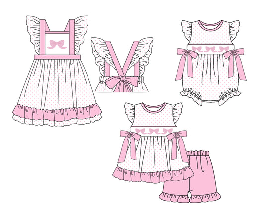 Baby Girl Pink Bows Dots Sibling Summer Romper Dress Clothes Set ( Moq 5 Each Design )11.23