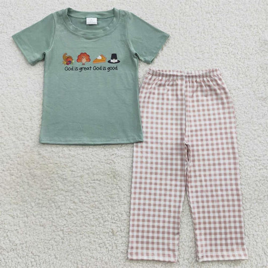 BSPO0163 Baby Boy Thanksgiving turkey Green Cotton Shirt Plaid Pants Outfit