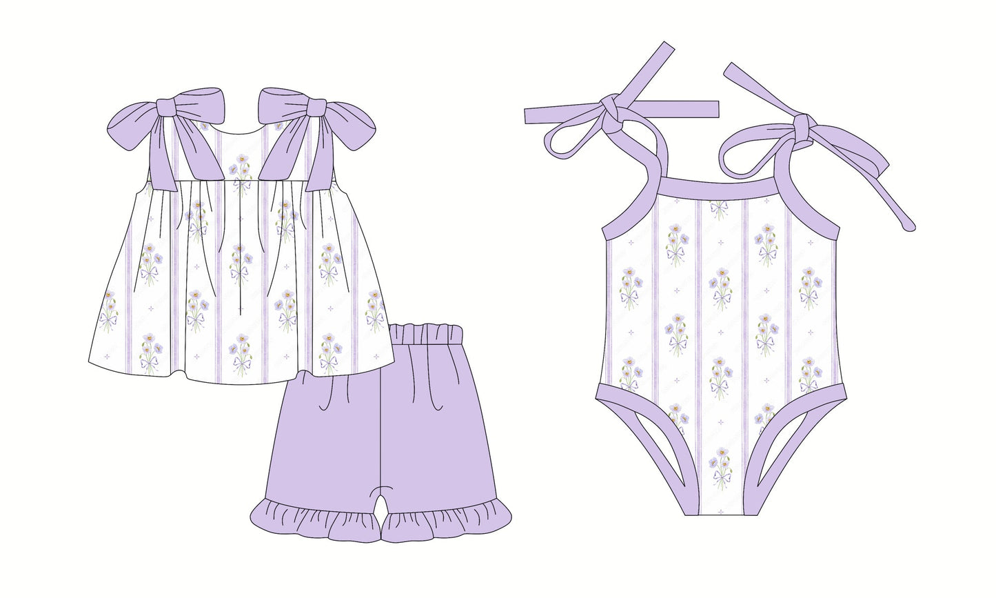 Baby Girl Straps Floral Purple Bows Sibling Summer Romper Set ( Moq 5 Each Style ) 2.24