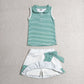 Baby Girls Kids Green Stripes Buttons Shirt Ruffle Skirt Shorts Yoga Active Set Clothes RTS