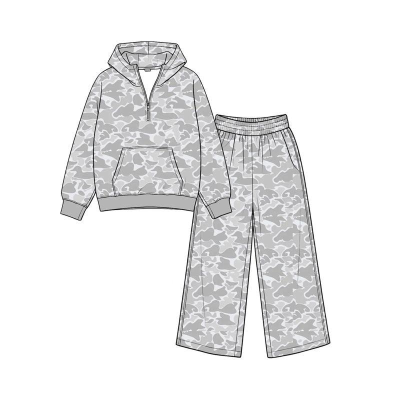 ( Moq 5 ) Preorder Baby Girls Kids Grey Camo Hoodie Zipper Pullover Pockets Pants Set Clothes