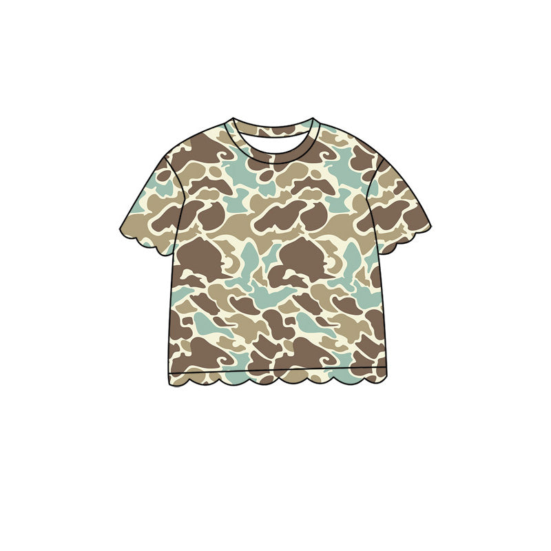 ( Moq 5 ) Preorder Baby Girls Kids Short Sleeves Camo T-shirt Scallop Pullover Kids Clothes