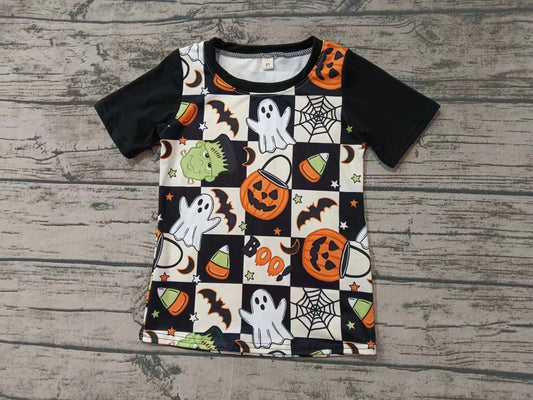 Baby Boy Short Sleeves Pumpkin Ghost Checkered Halloween Shirt