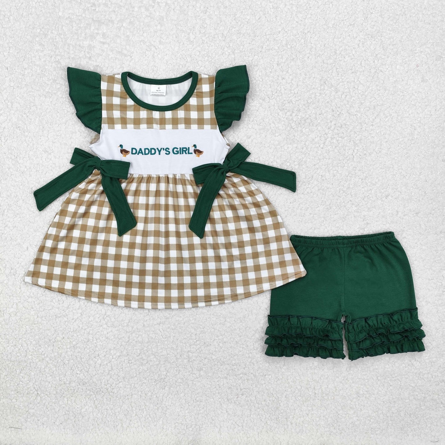 Baby Kids Short Sleeves Embroidery Daddy's Girl Ducks Plaid Bows Tunic Ruffle Green Shorts Clothes Set