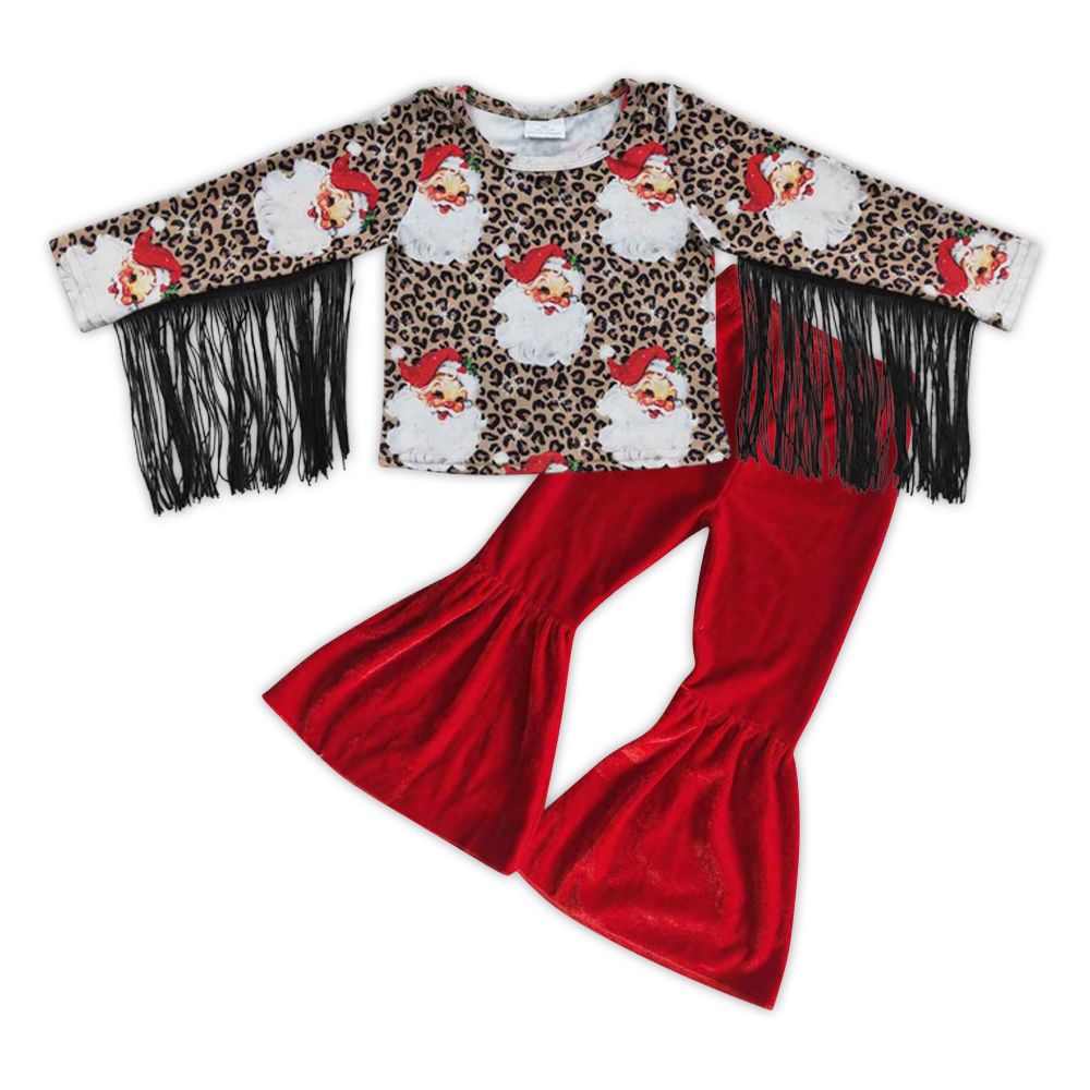 GLP0594 Baby Girl Christmas Santa Leopard Long Sleeves Tassel Shirt Red Velvet Bell Pants Outfit