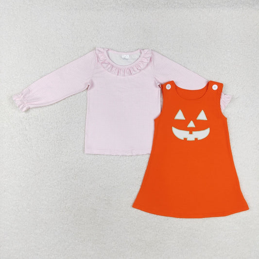 Baby Girl Pink Shirt Embroidery Halloween Face Orange Dress Set